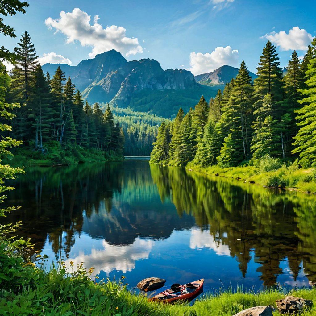 A breathtaking landscape of Becker County featuring lush green forests, serene lakes, and majestic mountains under a blue sky. Include adventure enthusiasts hiking, kayaking, and enjoying a picnic to depict the connection between nature and outdoor adventure. The scene should radiate a warm, inviting atmosphere, showcasing wildlife and vibrant flowers. super-realistic. vibrant colors. morning light.