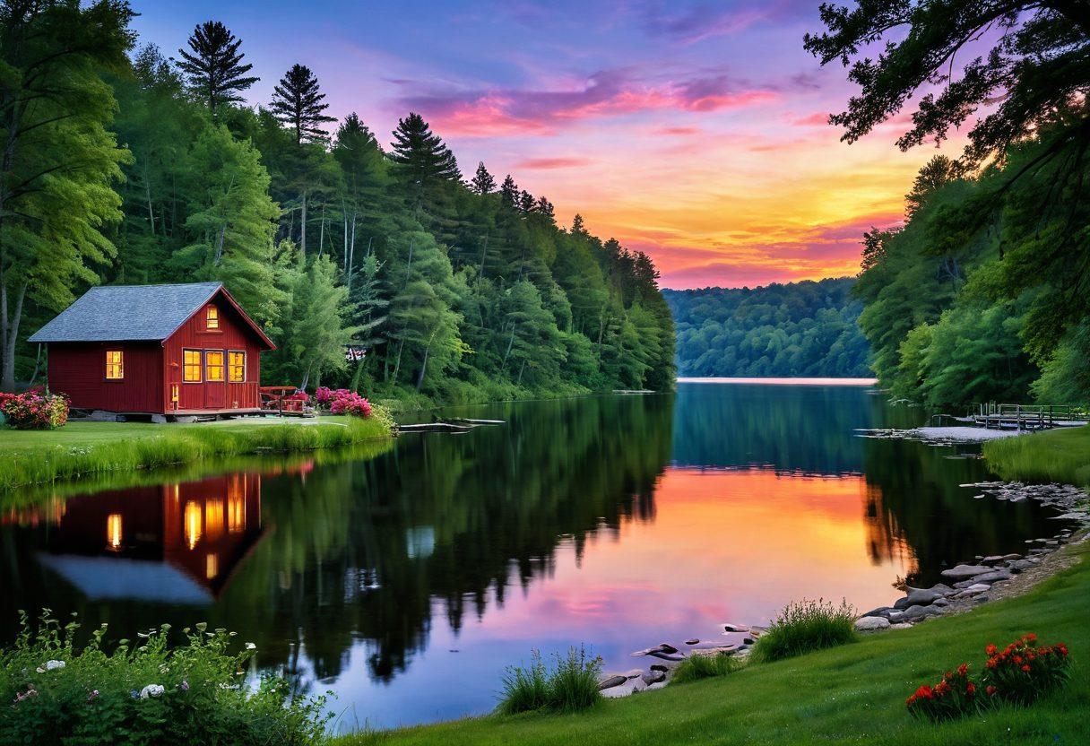 A picturesque landscape of Becker County showcasing a serene lake surrounded by lush greenery and charming cabins, with couples enjoying a romantic picnic by the water. Heart-shaped floral arrangements gracefully dot the scene, capturing the essence of affection and community. Soft sunset hues illuminate the sky, casting a warm glow over the tranquil setting, evoking feelings of love and togetherness. super-realistic. vibrant colors. warm tones.